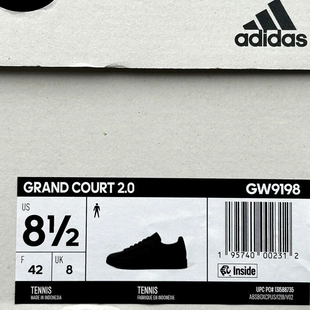 Adidas Men's Grand Court 2.0 Low Top Casual‎ Sneakers Size 8.5 Solid Black Shoes